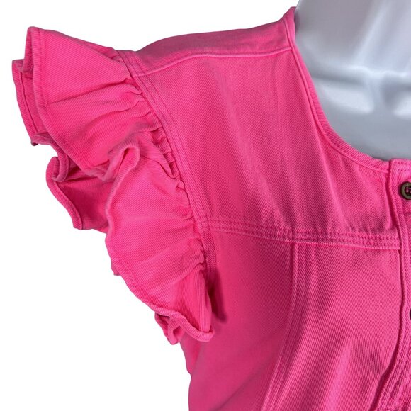 Day + Moon NWT Womens S Barbiecore Pink Denim Romper Ruffle Sleeve Beachy Girly - Picture 4 of 16